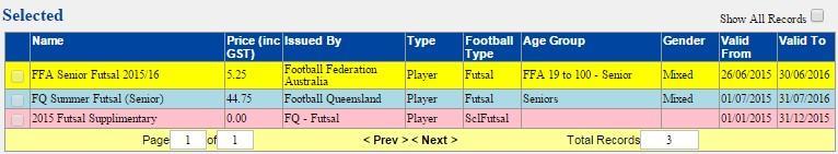 FFA- Yellow ; Member Federation- Blue ; District Association- Purple ; Zone/Association - Pink Step 3: Select the fee(s) appropriate to the age group you are creating the registration package for by