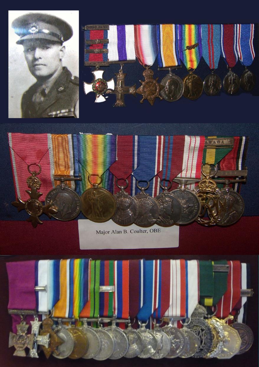 Medals of Top: Lieutenant-Colonel Eric Whidden Macdonald, DSO and 2 Bars, MC Calgary Highlanders Museum King George V Coronation KGV Jubilee KG VI Coronation Middle: Major Andrew Coulter, OBE, ED KGV