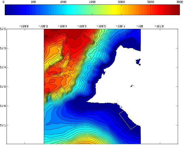 Interaction between tidal currents/elevation and wave field Bathymetry (m) used for the