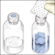 3. Disinfect the stoppers with an alcohol swab (or other suitable solution suggested by your doctor or hemophilia center) by rubbing the stoppers firmly for several seconds, and allow to dry prior to
