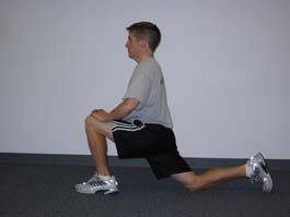 HIP FLEXOR STRETCH Assume a lunge position with lead leg bent 90 degrees at knee and back knee resting on soft surface Lean forward, toward lead leg keeping spine erect