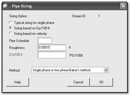 Figure 11-58: The Pipe Sizing dialog box 3. Select the Typical sizing for single phase option and use standard schedule 40 pipe. Click OK to view a line sizing report for the selected stream.