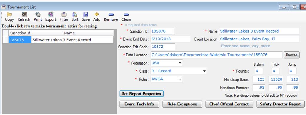 After registration import, go back to the tournament list to populate the Event Tech Info and Chief Official s Contact Reports.