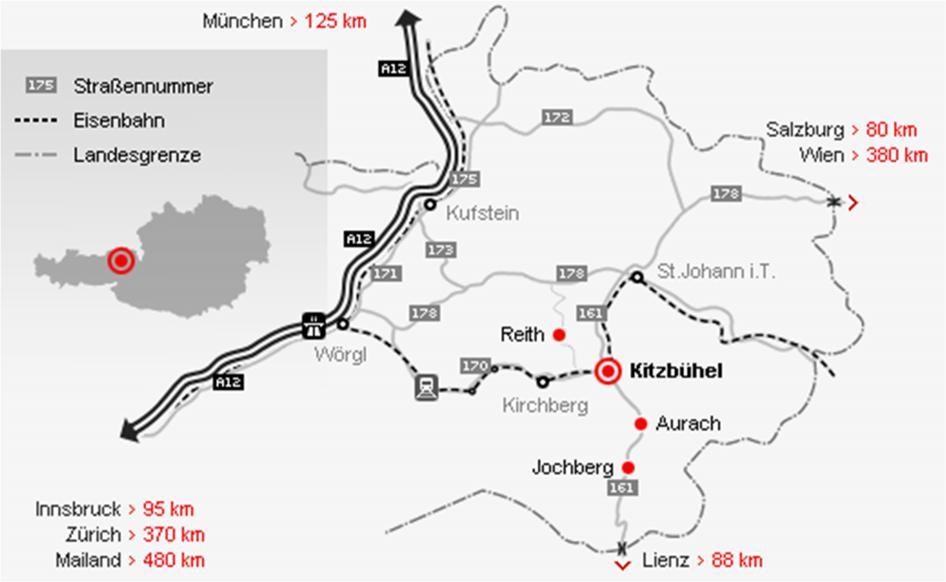 4. TRANSFER AND TRANSPORT Situated in Western Austria in the middle of the Tyrolean Alps, Kitzbuehel is within easy reach of three international airports, and enjoys convenient direct train links
