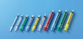 Syringes Male luer lock (MLL) or male slip tip (MST), colored pistons, wide range of size options from 1 ml to 60