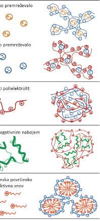 Slika 1: Shema različnih vrst kompleksov, v katerih so udeleženi polielektroliti. Figure 1: Scheme of different types of complexes with polyelectrolytes.