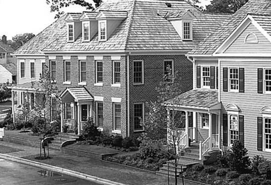 These small-lot single-family homes in Kentlands, Maryland help create a village-like environment evocative of early 20th-century neighborhoods. (Source:Congress for New Urbanism, Photo Bank.