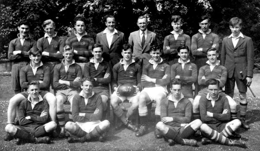 Rugby 1 st XV Sport 1948-49 Boys Back Row L-R: Terry Doohan Cyril Fozzard, Martin Hughes, Mr. Leonard, Mr.