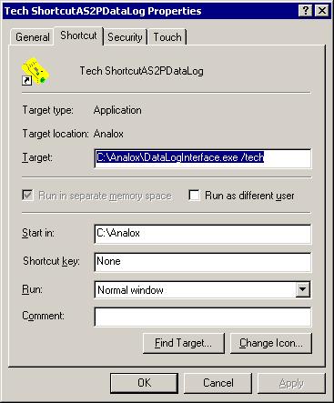 6.2 Configuration of Alarm setpoints and operating modes Access to these options requires you to create a copy of the shortcut supplied with the software, and to edit it as follows.