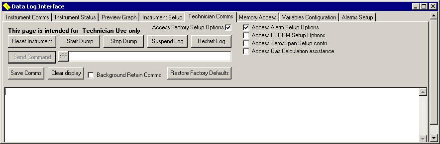 To start up the software in Technician mode to adjust the alarm settings a) Double click on the Tech shortcut b) Click on the Technician Comms Tab c) Tick the box Access Factory Setup Options d) Drag