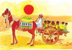 There is sand all around. It gets very hot in the day. We ride in a camelcart to reach school. How did you feel riding in the cart? Also share your experience in the class also.