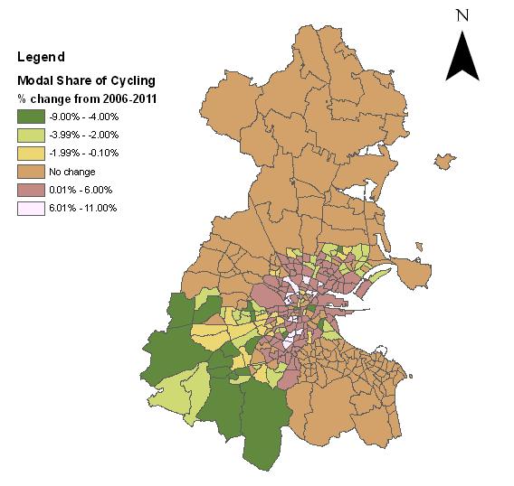 Proceedings ITRN2013 5-6th September, Caulfield: Re-cycling a city: Examining the growth of cycling in Dublin Figure 2 Modal share change in cycling from 2006 to 2011 Table 2 below shows the