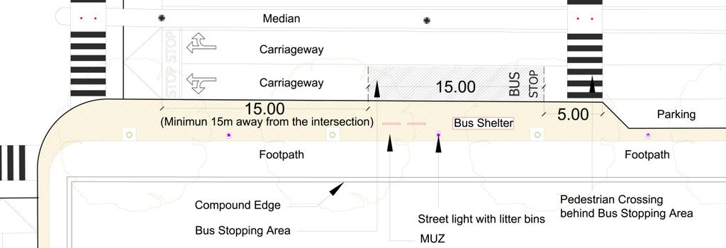 Bus Stops near intersection It is recommended that bus stopping area should be atleast 15m away from the junction.