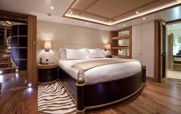 To the port hull, the staircase descends to a small theatre and reading room. From there, three more cabins that can be altered to suit charter party needs.