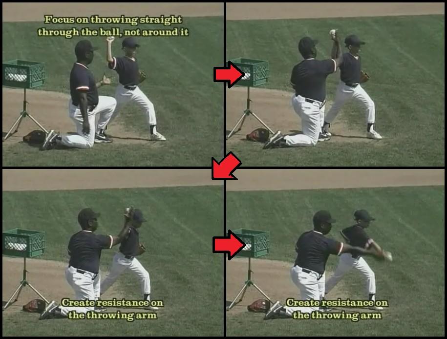 What Darrell is working on is what I call the high-five drill. I mainly use this with the younger players because they have trouble throwing through the baseball.