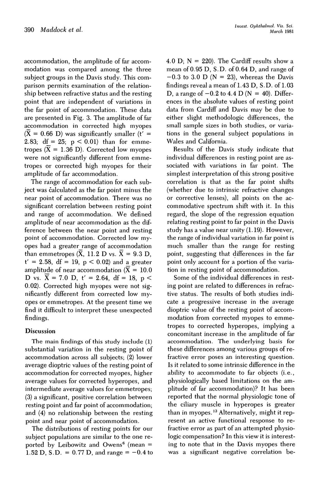 39 Maddock et al. Invest. Ophtlialmol. Vis. Sci. March 1981 accommodation, the amplitude of far accommodation was compared among the three subject groups in the Davis study.