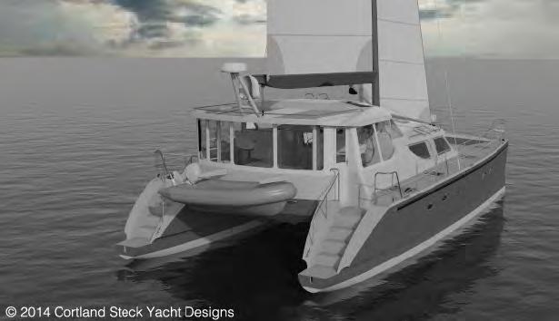 at double digit speeds. Hull design features include: This enables a narrow waterline while presenting a larger hull beam above the waterline for interior requirements. spray on deck.