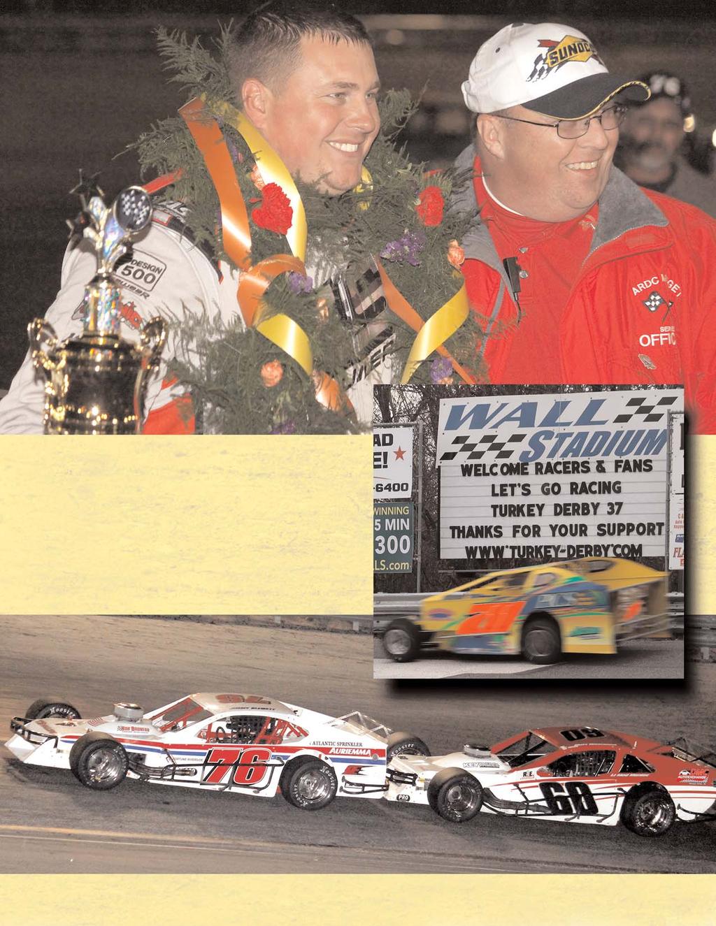 Top: 2010 Turkey Derby winner, Jimmy Blewett, with Warren Alston, Wall Stadium's starter. Below: Some of the bumping as racers compete for position.
