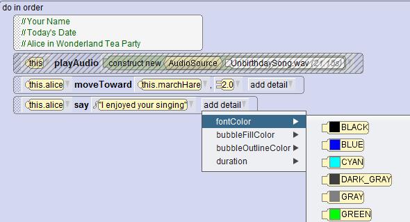 10. Now, we want alice to praise their singing. You will need to select alice and then drag the say method onto the editor underneath the movetoward method.