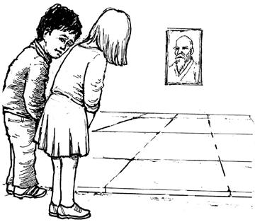 When they got there, she showed him how to bow and told him it was proper to bow when entering and leaving the 'dojo', which was the Japanese word for school.