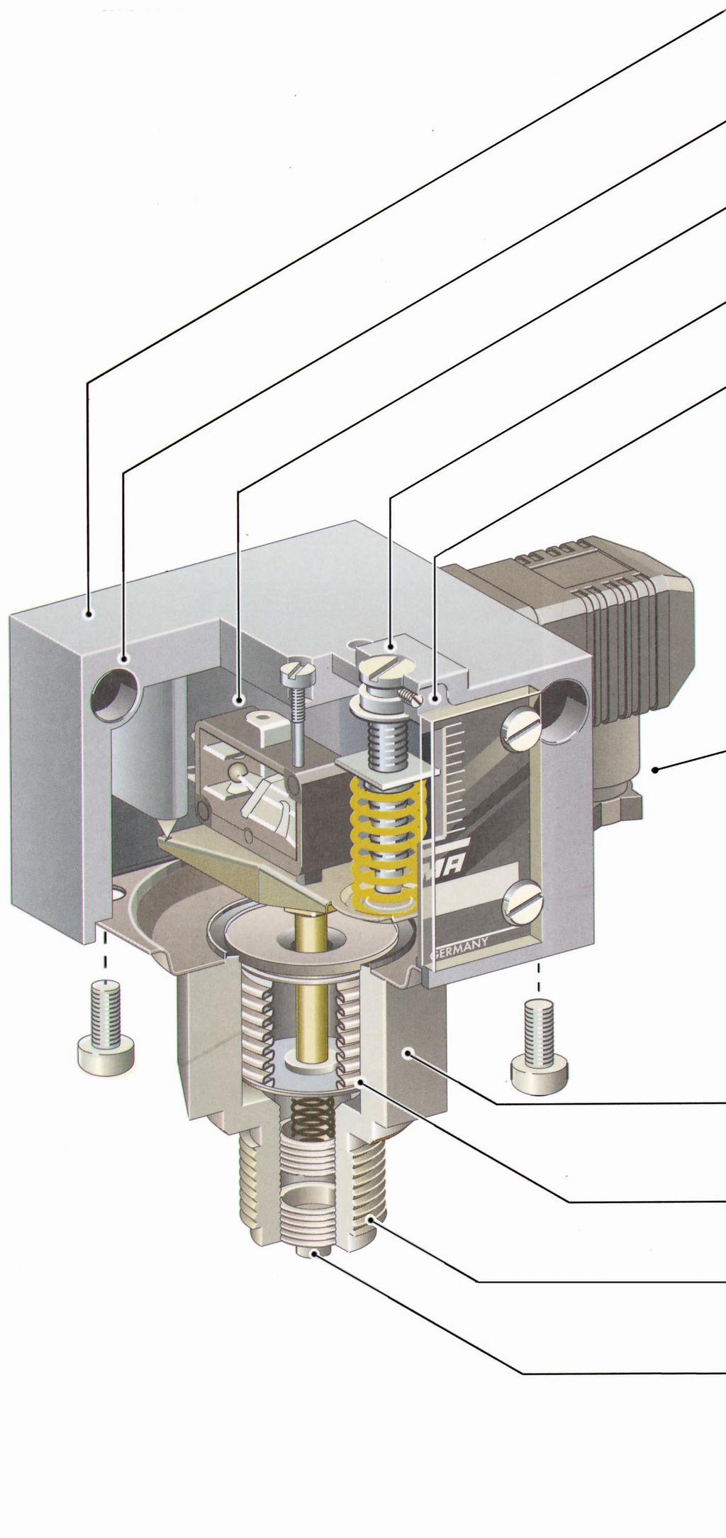 Pressure Switches Technical features Die-cast aluminium housing IP 54 oder IP 65 Also explosion-proof Wall mounting or directly on pressure line Switching Element (Micro switch) Set adjustment (also