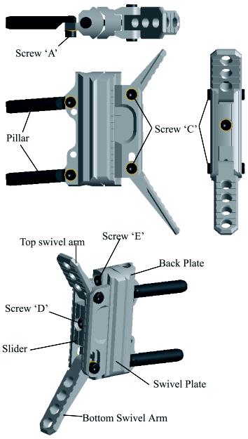 Stock Adjustments Shoulder Butt Plate Assembly The EV2 aluminium Butt Plate assembly has multiple adjustment facilities. All elements are independently adjustable.