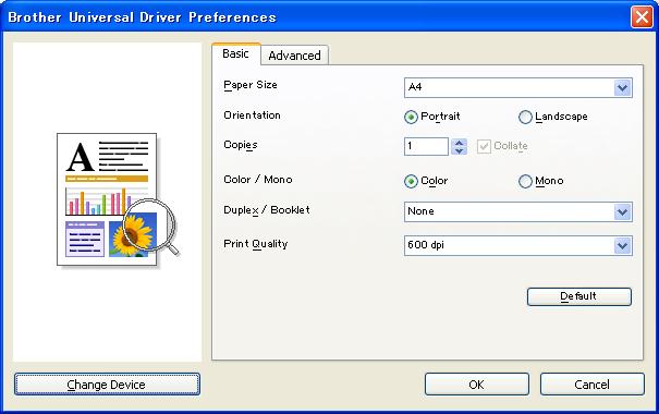 f Va apărea fereastra de dialog Brother Universal Driver Preferences. Efectuaţi toate modificările necesare asupra setărilor driverului de imprimantă şi faceţi clic pe OK.