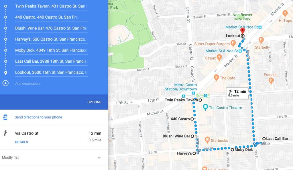 Castro Pub Crawl 7:00 pm should give everybody plenty of time to make their way to the ballpark San Francisco is famous for it s gay pride movement and history, and The Castro neighborhood is the