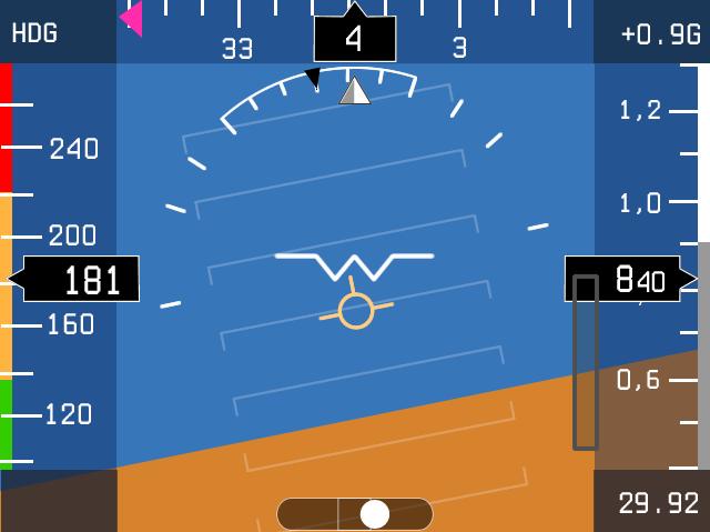 4.2 PFD mode The PFD shows critical flight information like attitude, airspeed, altitude, as well as other less critical flight variables like turn coordination, heading, load factor.