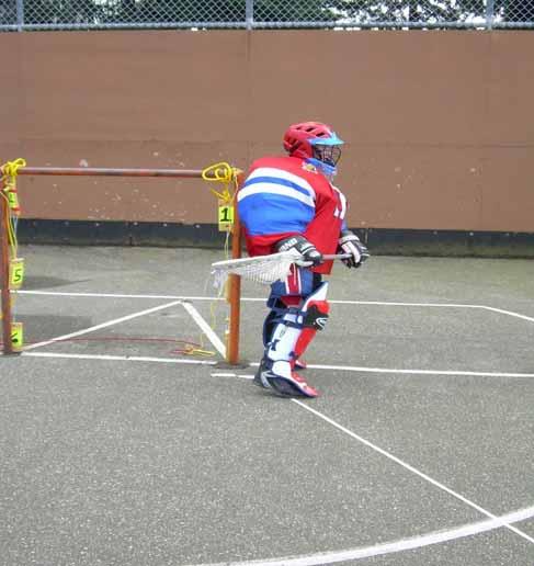 Note: The goalie is a right hand passer so he should move to the left side of the net leading with his left foot.