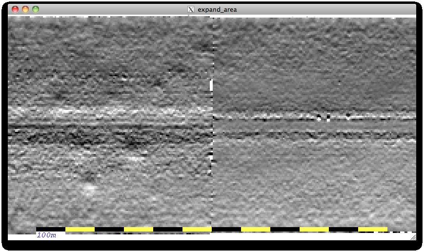 Figure 25. Sun-illuminated bathymetry highlighting the appearance of the nadir "hump" artifact associated with intentional transmitter beam steering.