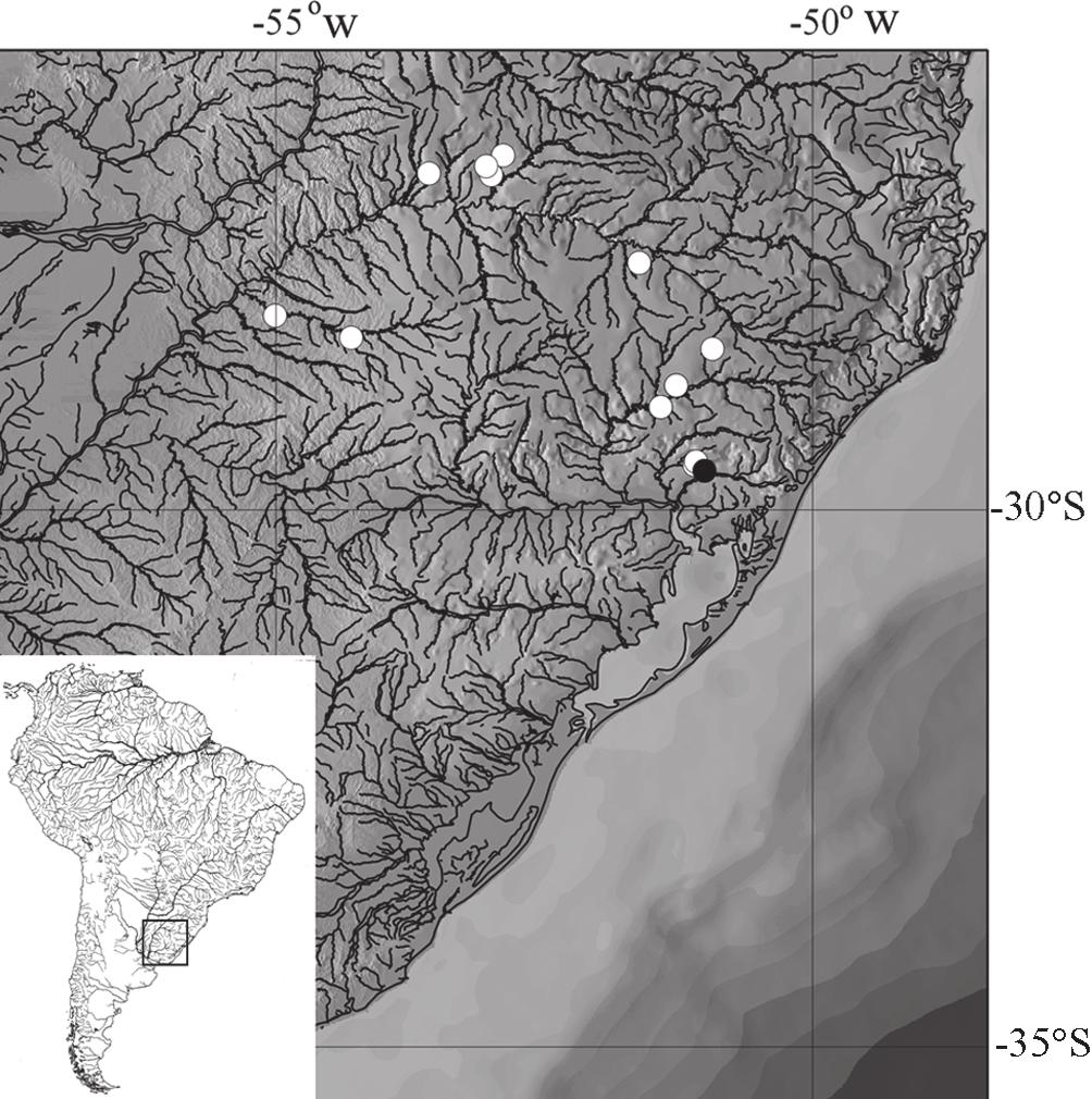 C. A. S. Lucena, J. B. Castro & V. A. Bertaco 547 Fig. 9. Map of southern Brazil and Uruguay, showing the distribution of the material examined of Astyanax xiru.