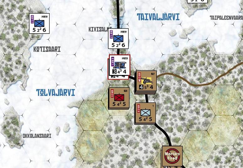Turn 1. The two Soviet battalions which begin on the map move up and slam into the forward Finnish position, with support from their mortars.