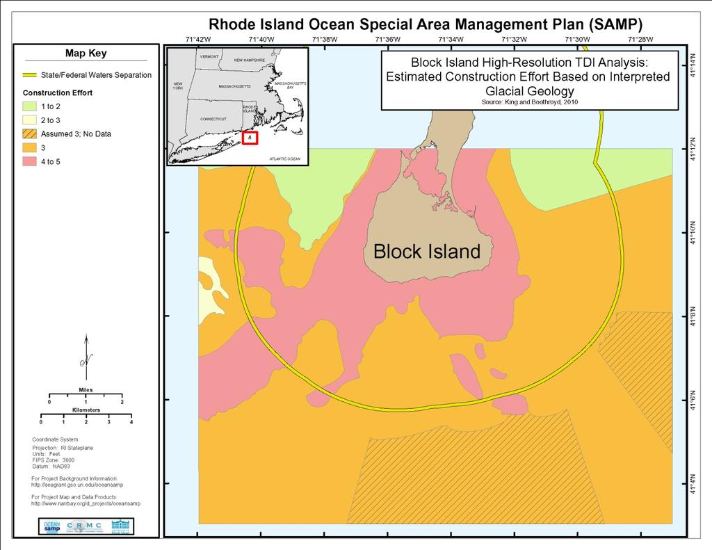 Figure 5 Construction effort map for Block Island study area (generated by John King and Rob Pockalny, Graduate School of Oceanography, and Jon