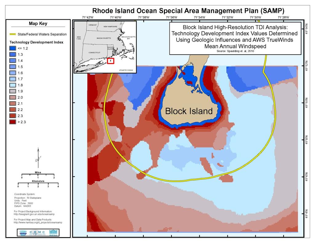 Figure 6 Non dimensional TDI for Block Island Study area with geology using AWS