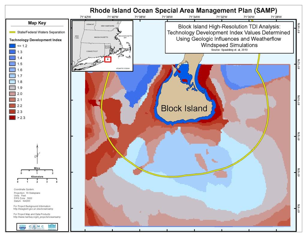 Figure 7 Non dimensional TDI for Block Island Study area with geology with model scaled
