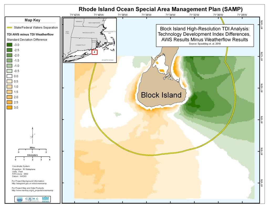 Figure 8 Differential non dimensional TDI for Block Island study area; results from AWS based estimates (Figure 6) minus