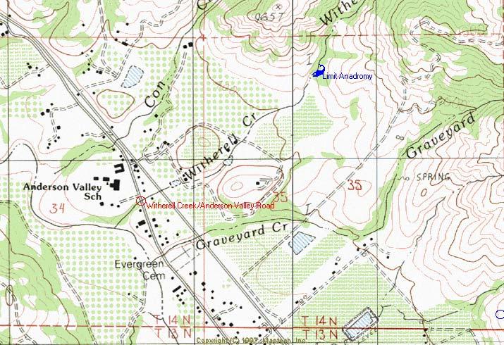Site #20: Witherell Creek/Anderson Valley Way; Anderson Ck., Navarro River Ranking: #16 = Low Priority Location: County Map #3H22. T14N, R14W, Section 34. Culvert Type: Circular CSP.