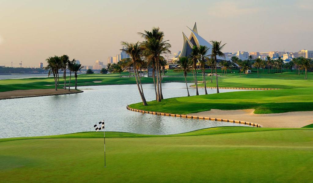 Well-groomed fairways lined with date palms and coconut trees, and attractive water hazards and shrubbery lend a tropical air to the Club s 18 hole, par 71 championship course.