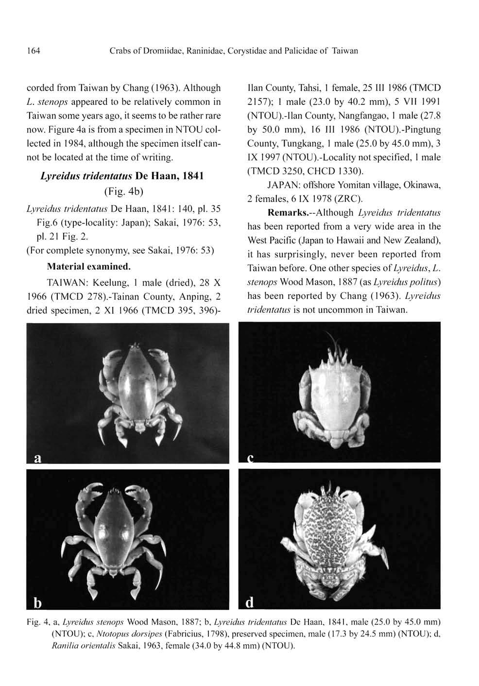 164 Crabs ofdromiidae, Raninidae, Corystidae and Palicidae of Taiwan corded from Taiwan by Chang (1963). Although L.