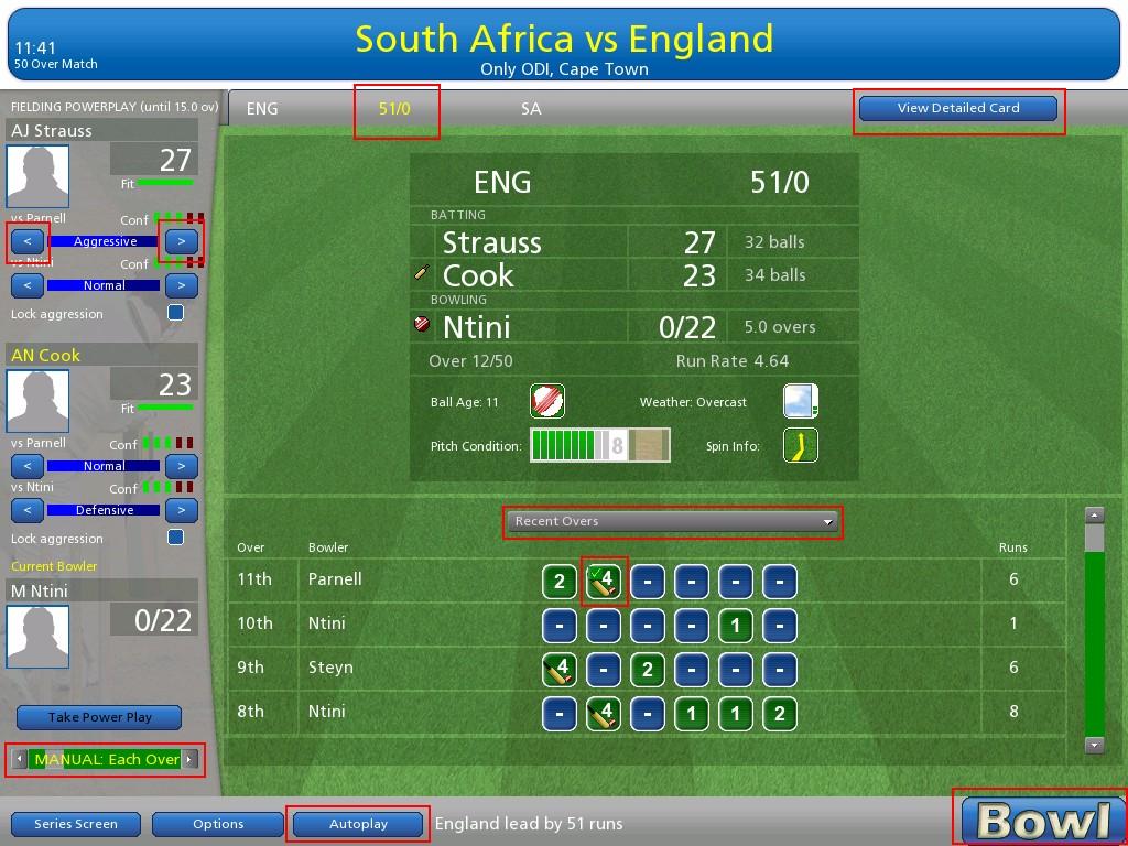The Match Screen When controlling the batting team Bowl: This will continue the simulation.
