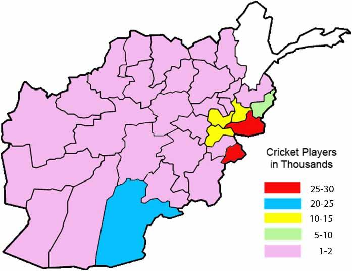 Map showing cricket playing provinces and numbers playing in each and families. 3.1.2.