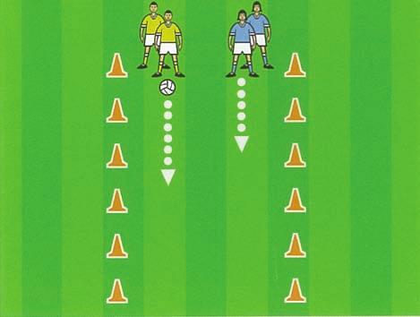 Get player A to solo/bounce the ball through the channel and get player B to attempt a near hand tackle.