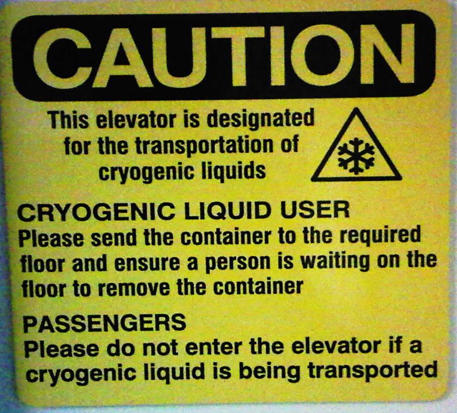 Elevator Policy For information about the University Cryogenics Liquids in Elevators Policy refer to the Western University Lab Safety Manual. 8.9.