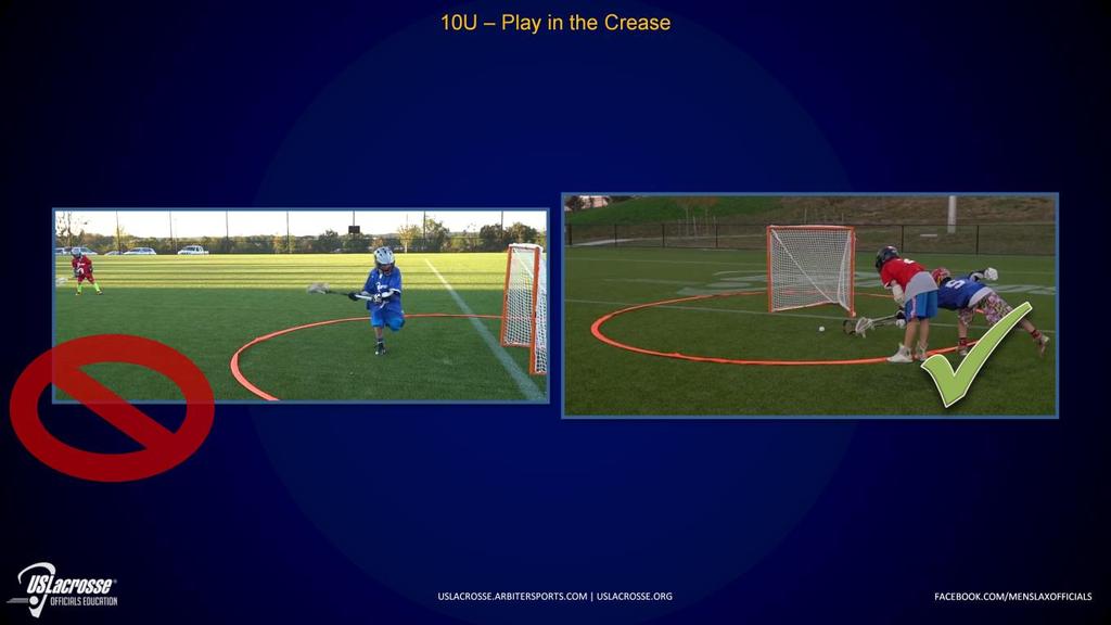 4.18 & 4.19 No player from either team may enter the crease at any time at 10U. A player may reach their stick into the crease to play a loose ball.