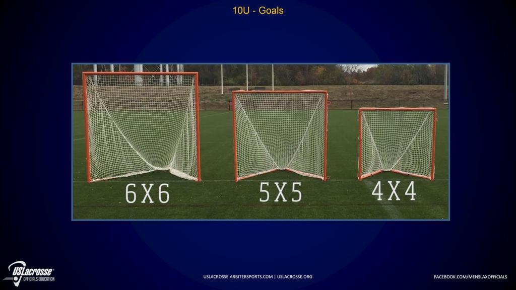 1.3.1 A 6x6 foot goal with securely affixed netting that will not permit the ball to pass through may be used. A 2 foot drop net is recommended to reduce the height of the goal opening to 4 feet.
