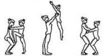 Top puts hands on base s shoulder and puts foot in hands of base. Top jumps up, straightening both legs while base lifts hands for a toe-pitch straight jump. Base supports landing.
