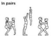 2B Base 1 and base 2 in side-by-side lunges. Middle stands on bases thighs, bases release support of middle. Top stands on bases shoulders with one-arm support from each base (at calf). Hold.