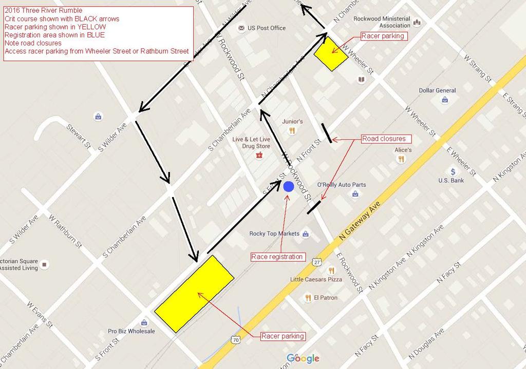 Racer Parking: We will have new road closures in Rockwood this year, to protect parking for the downtown merchants who are open during the crit.