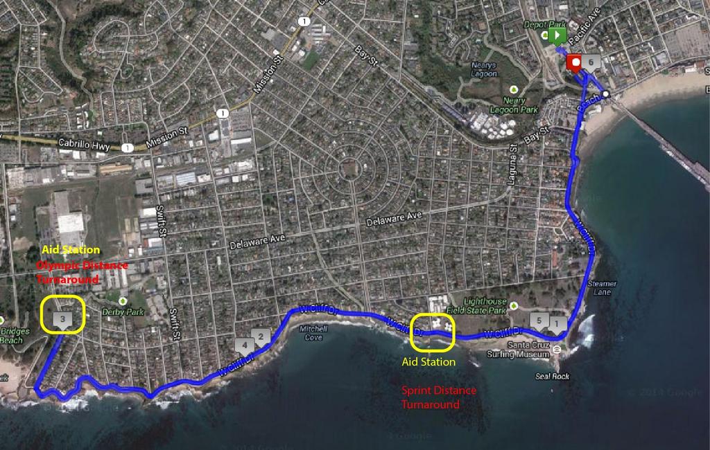 Run Course Maps International and Sprint Distances There will be two water stations, providing three opportunities for water on the 10K run course.